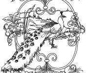 Coloriage Paon sur fond aux fleurs maternelle