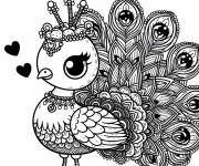 Coloriage Petit paon kawaii et c&oelig;ur d'amour