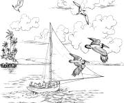 Coloriage et dessins gratuit Des oiseaux p&eacute;licans en vol sur la plage à imprimer