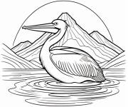 Coloriage et dessins gratuit P&eacute;lican sur un majestueux &eacute;tang de montagne à imprimer