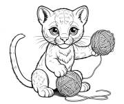 Coloriage Petit puma avec pelote de laine