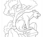 Coloriage Puma avec des roches et un arbre