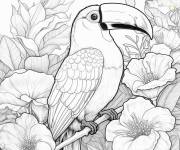 Coloriage Beau toucan plumage parmi les fleurs