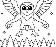 Coloriage Hibou volant au-dessus de la for&ecirc;t