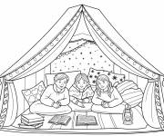 Coloriage Amis lisant sous la tente