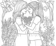 Coloriage Calin des filles avec des roses