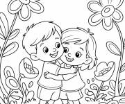 Coloriage Calin des petits enfants parmi les fleurs