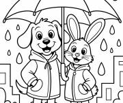 Coloriage Chien et lapin avec leur parapluie