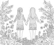 Coloriage Des fleurs autour des amis