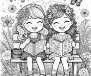 Coloriage Deux amies amus&eacute;es avec le livre de coloriage