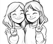 Coloriage Deux amies avec signes de victoire