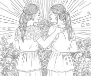 Coloriage Deux amies avec un bouquet de fleurs