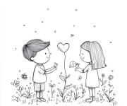 Coloriage Deux amies avec une fleurs comme coeur