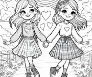 Coloriage Deux amies charmantes sous arc en ciel