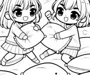 Coloriage Deux amies en jouant avec les oreiller