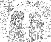 Coloriage Deux amis au coucher du soleil sur la plage