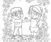Coloriage Deux amis avec cadre en fleurs