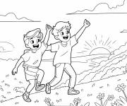 Coloriage Deux amis joyeux dans la nature