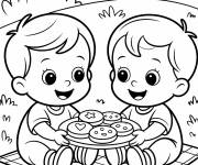 Coloriage Deux amis mangeant des biscuits