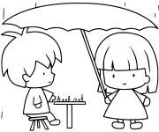 Coloriage Deux amis sous la pluie