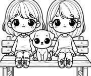 Coloriage Deux filles avec leur ami chien sur chaise