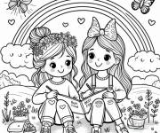 Coloriage Deux filles en coloriant le livre