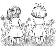 Coloriage Deux filles se promenade dans le jardin