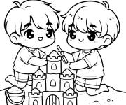 Coloriage Deux garcons en construisant le chateau