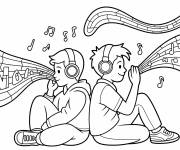 Coloriage Deux jeunes gar&ccedil;ons &eacute;coutant de la musique