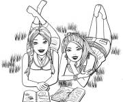 Coloriage Deux jolis amies en plein air