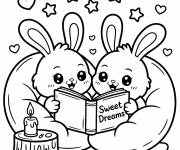 Coloriage Deux lapins amis en lisant un livre