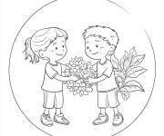 Coloriage Gar&ccedil;on offre des fleurs a son amie