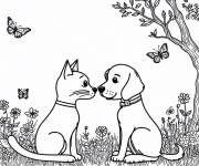 Coloriage Le chat avec son ami chien