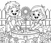 Coloriage Les ami plantent une fleur
