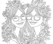 Coloriage Les amies avec des couronnes en fleurs
