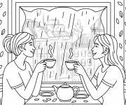 Coloriage Les amis au caf&eacute; sous la pluie
