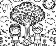 Coloriage Les amis avec leur chien sous le soleil