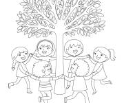 Coloriage Les amis dansant autour de l'arbre
