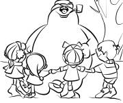 Coloriage Les amis en dansant avec le bonhomme de neige