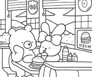 Coloriage Les amis en mangeant du Hamburger