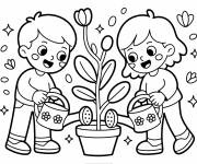 Coloriage Les amis en souriant qui plantent la fleur