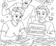 Coloriage Les amis faisant leur projets d'&eacute;cole