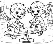 Coloriage Les amis jouent sur une balan&ccedil;oire dans un soleil