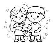 Coloriage Les amis mignons avec leur ourson en peluche