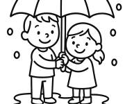 Coloriage Les amis partageant un parapluie