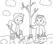 Coloriage Les amis plantant un arbre