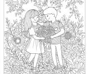 Coloriage Les amis rassemblent les fleurs