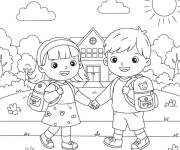 Coloriage Les amis se r&eacute;unissent devant l'&eacute;cole