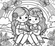 Coloriage Les deux amies en lisant un roman