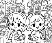 Coloriage Petites filles dans le march&eacute;